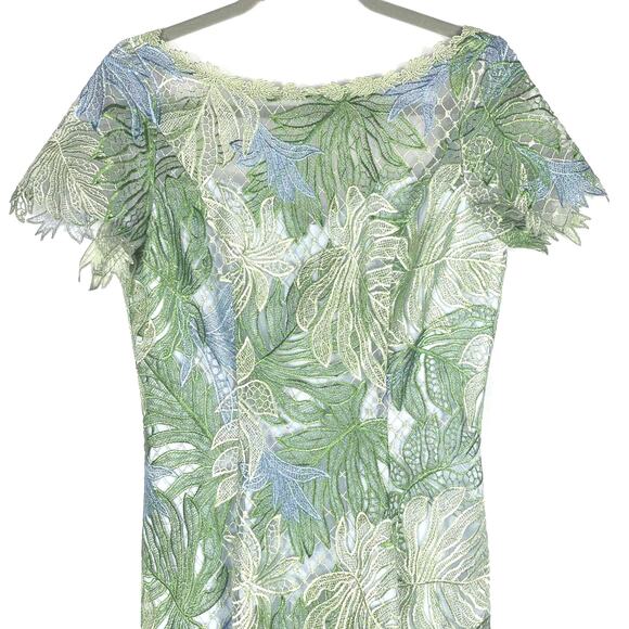 Marchesa Mint Lace Gown Leaf Embroidered Column Guipure Dress Sz 6 Side Slit - Picture 4 of 8